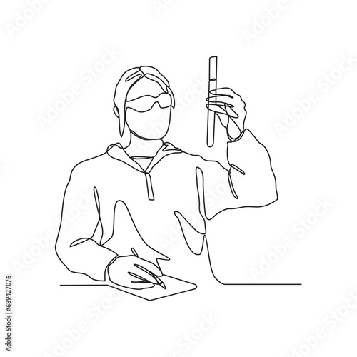 One continuous line drawing of scientist do research in the laboratory with white background. Chemical and laboratory design in simple linear style. Science design concept vector illustration.