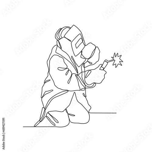 One continuous line drawing of a welder using welding machine in the construction project. welder design with simple linear style. Construction project design concept Vector illustration.