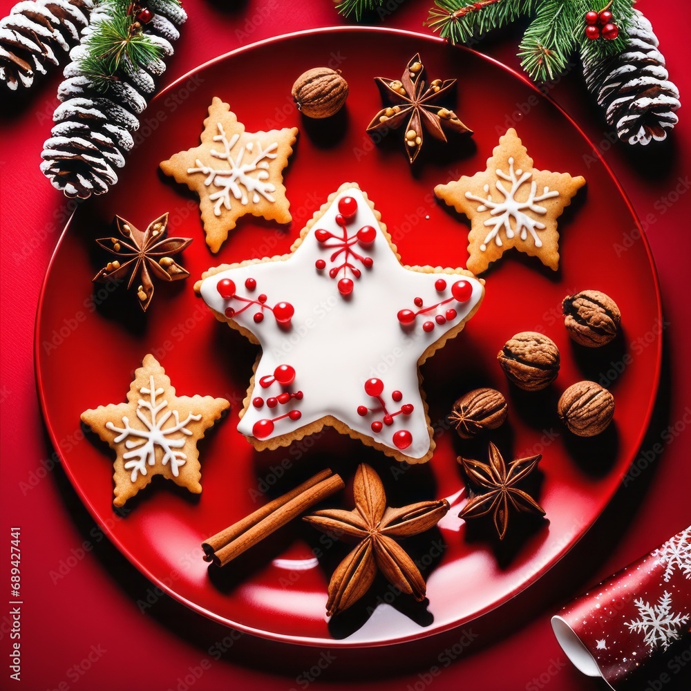 Christmas cookies in the shape of a star on a plate. Spices and walnuts are on the table.
