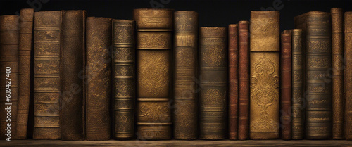 A row of classic antique and old distressed leather books, some with gilt embossing. Set upright on with spines showing.