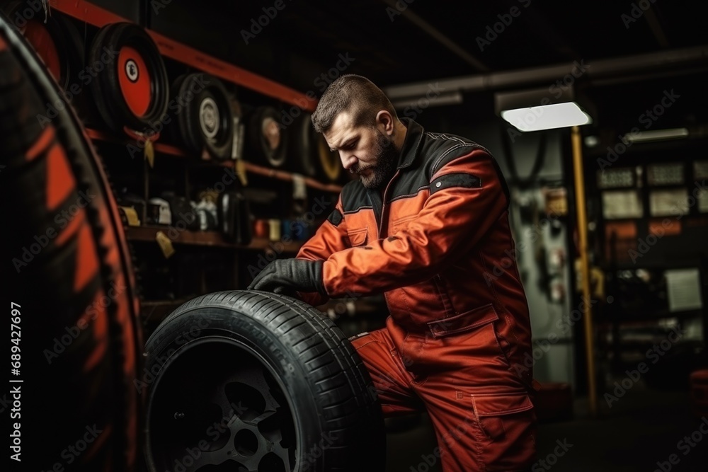 tire at repairing service garage background. Technician man replacing winter and summer tire for safety road trip.