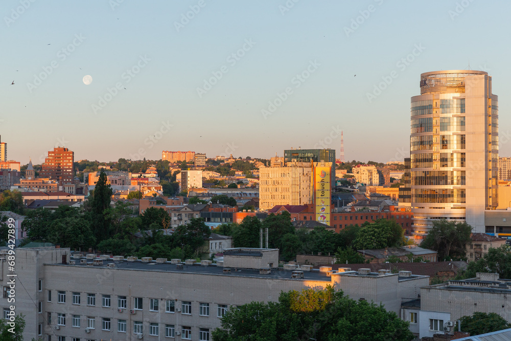 evening city scape of Dnipro city seen from higher flour of the hotel