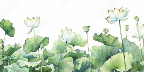 Panoramic Lotus Splendor, Soft Watercolor Botanical Illustration