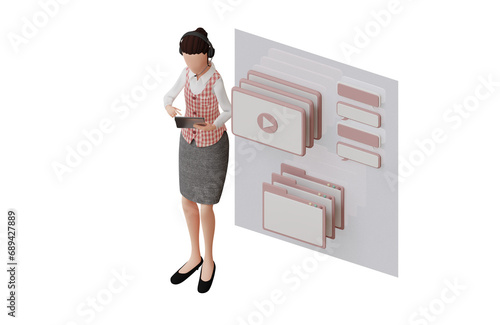 タブレットを持つコールセンターの女性 シンプルな3Dイラスト