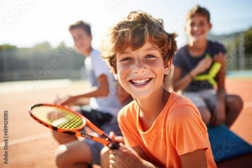 Children friends on tennis court play