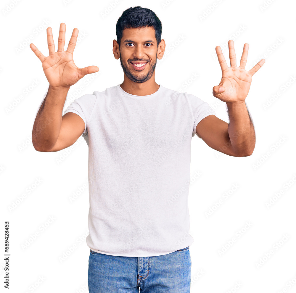 Young latin man wearing casual clothes showing and pointing up with fingers number nine while smiling confident and happy. Young latin man wearing casual clothes showing and pointing up with fingers number nine while smiling confident and happy.