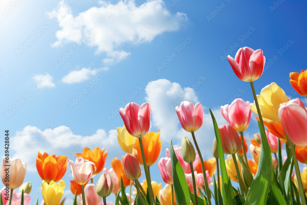 Tulip garden and greeting card against a blue sky, copy space