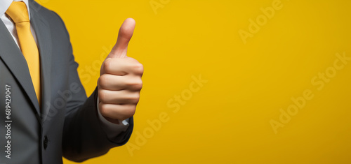 Businessman hand thumb up from yellow punched paper for client the best satisfaction evaluation survey after use product and service concept photo