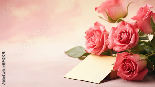 bouquet of roses with card, copy space