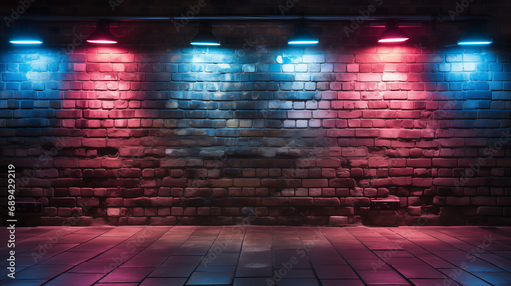 A hallway with a brick wall lit up by colorful neon lights. Generative AI. 