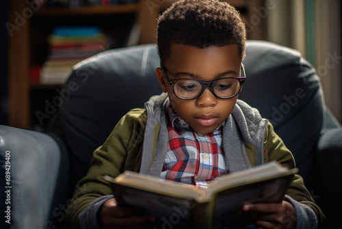 Young African-American boy sits on a comfy chair and reads a book