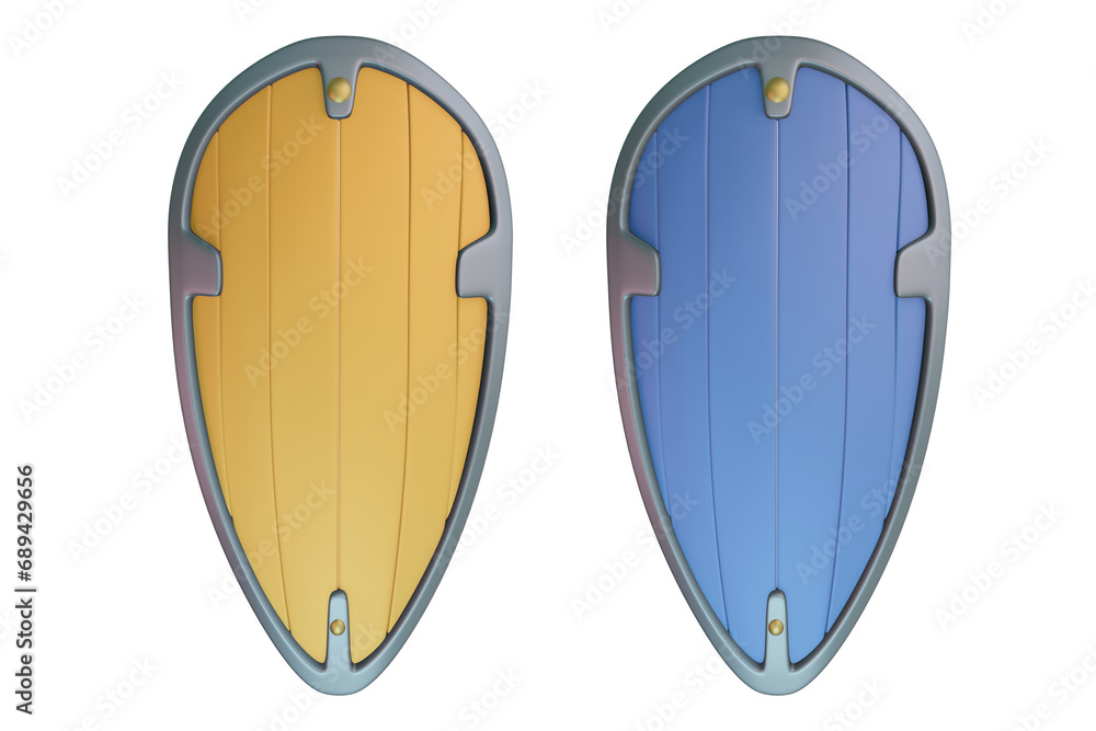 3D render of two warrior shields in yellow and blue 3D render of two warrior shields in yellow and blue