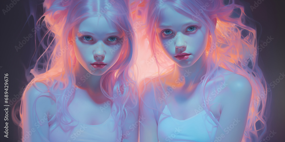 Fototapeta premium Glowing twin girls, teenagers, Asians, cute, bright, lively, under beautiful pastel colors.
