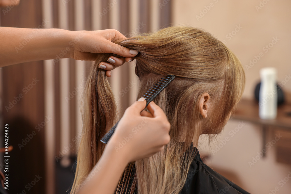 Fototapeta premium Professional hairdresser working with girl in beauty salon, closeup