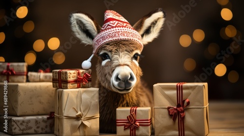 Illustration of an adorable baby donkey in a festive atmosphere 
