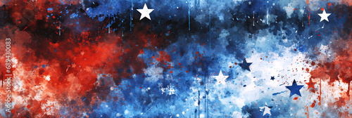seamless pattern with American US flag of America USA on white blue red background with starry stripes watercolor texture photo