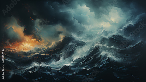 Storm's Wrath: Fiery Ocean Amidst Thunderous Skies