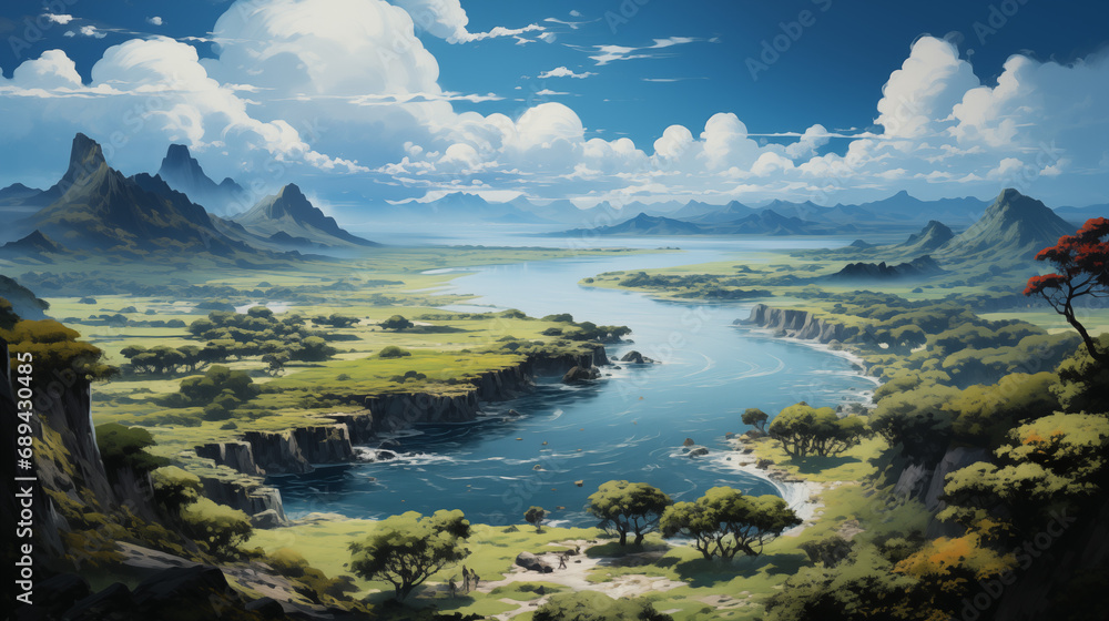 Majestic River Canyon with Lush Vegetation and Dramatic Mountain Peaks Majestic River Canyon with Lush Vegetation and Dramatic Mountain Peaks