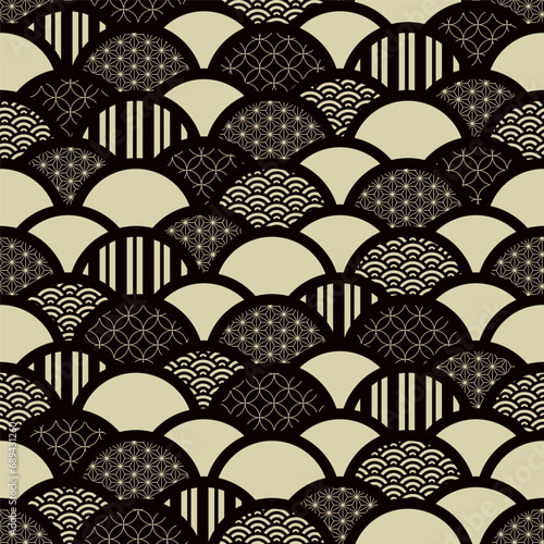 Monochrome Japanese traditional geometric pattern with random textures.  Vector seamless pattern design for textile, fashion, paper, packaging and branding. 