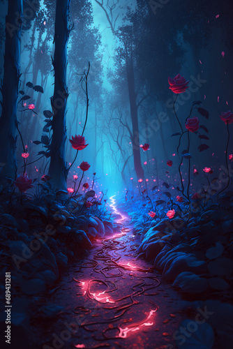 Mysterious forest road at night, Generative AI illustrations © Heisenberg1992