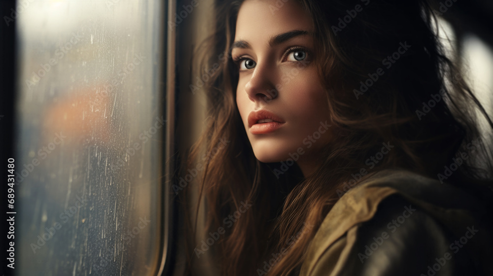 Portrait of a woman looking toward the front of a train or bus. A sense of intrigue. Portrait of a woman looking toward the front of a train or bus. A sense of intrigue.