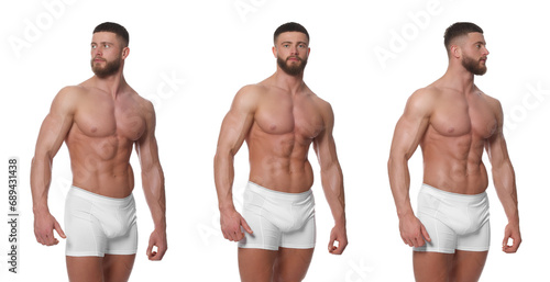 Handsome man in stylish underwear on white background, set of photos © New Africa