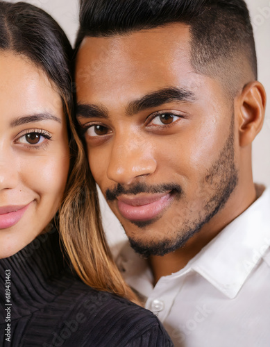 portrait of beautiful multicultural couple, valentines day concept