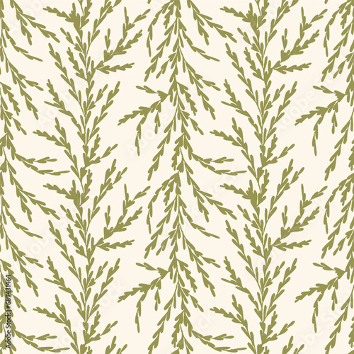 Olive green foliage leaf branches silhouette pattern. Vector seamless pattern design for textile  fashion  paper  packaging  wrapping and branding