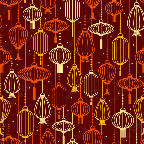 Paper lanterns outline silhouette in warm colors pattern. Vector seamless pattern design for textile, fashion, paper and wrapping. 