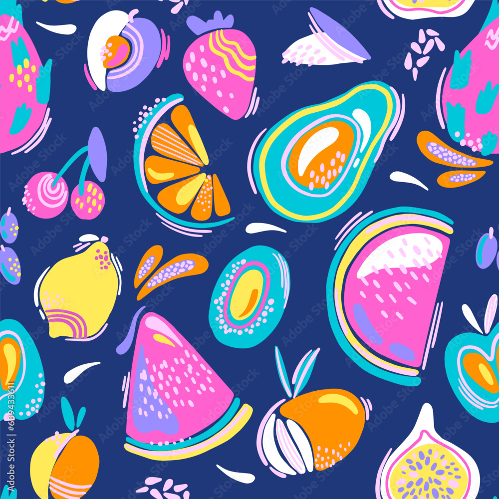 Fashion tropics funny wallpapers. Seamless pattern with fruits. Bright summer illustration. 