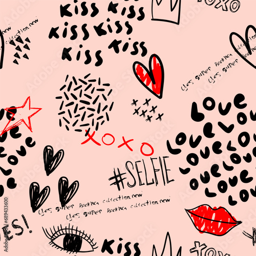 Abstract seamless chaotic pattern with urban elements, graffiti words, heart, lips. Grunge texture background. Wallpaper cool teen style