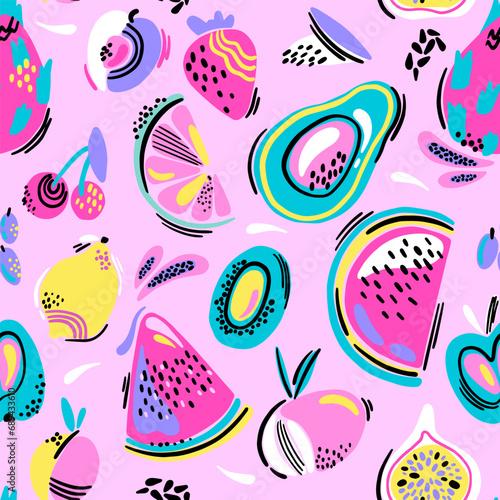 Fashion tropics funny wallpapers. Seamless pattern with fruits. Bright summer illustration. 