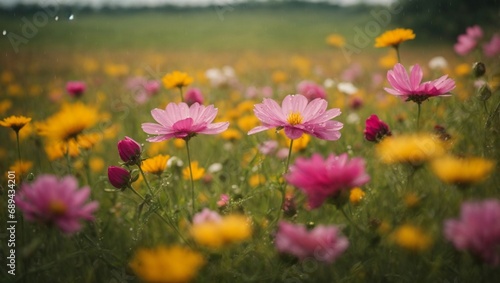 비 내리는 들판에서 핀 핑크색과 노란색의 꽃들, 생성형AI