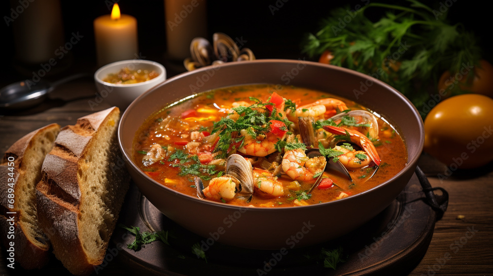 rich and colorful bouillabaisse, with a variety of seafood, fish and vegetables in a seasoned broth. Served in a deep bowl with a garnish of rustic bread, on a rustic table