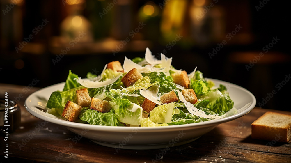 plate of Caesar salad with cheese on a white plate on wooden table - obrazy, fototapety, plakaty 