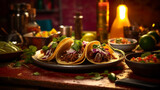 Mexican tacos, filled with roast beef, onion, cilantro and sauce. Presented on a ceramic plate with lemons and a spicy sauce on the side. The background is a colorful table full of objects