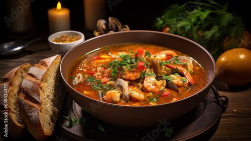 rich and colorful bouillabaisse, with a variety of seafood, fish and vegetables in a seasoned broth. Served in a deep bowl with a garnish of rustic bread, on a rustic table