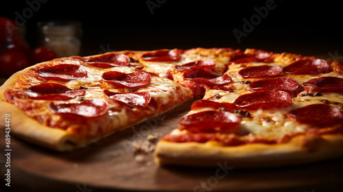 Detailed photo of a pepperoni pizza, with crispy, oily pepperoni slices on melted mozzarella cheese. One slice is missing.