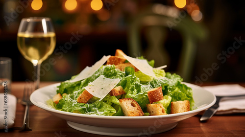 Caesar salad  accompanied by a glass of wine on a wooden table