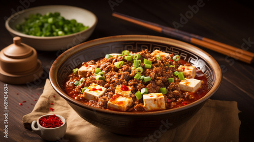 Realistic image of Mapo Tofu, featuring soft tofu in a spicy ground beef sauce and fermented beans. Presented in a ceramic bowl on a wooden table with chopsticks