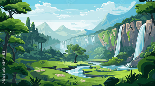 Mountain landscape with waterfall. Vector illustration in flat cartoon style.
