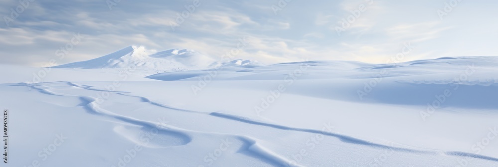 Serene Winter's Touch: Delicate Gray and White Snow Tracks Gently Carved Across a Pristine Snowy Landscape