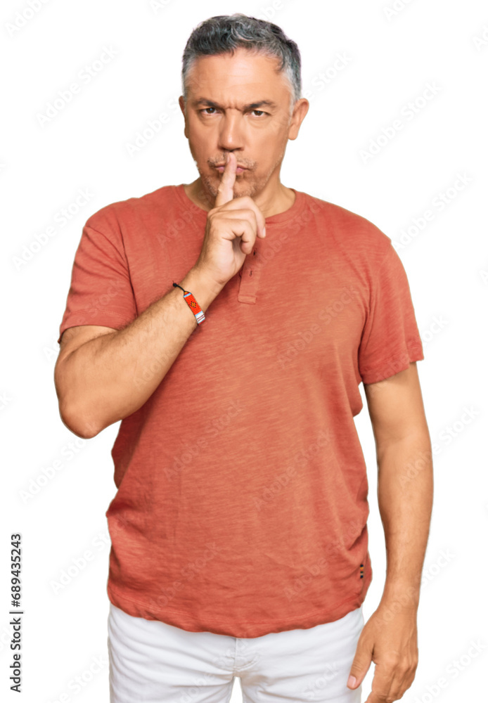 Handsome middle age man wearing casual clothes asking to be quiet with finger on lips. silence and secret concept. Handsome middle age man wearing casual clothes asking to be quiet with finger on lips. silence and secret concept.
