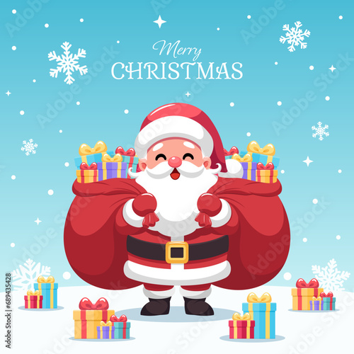 Smiling Santa Claus holding red gift bags on sky blue background with snowflakes, presents lying around on the snow ground. Merry Christmas greeting card vector illustration.
