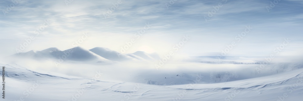 A Serene and Tranquil Panorama of a Soft White and Gray Snow Blanket Gently Covering the Landscape, Invoking a Sense of Peaceful Solitude