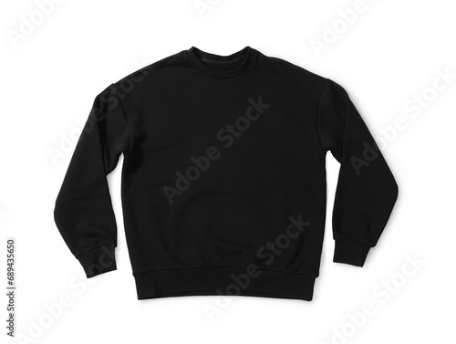 Stylish black sweater isolated on white, top view