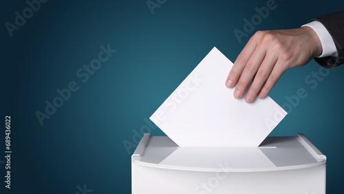 Man putting his vote into ballot box on gradient color background, closeup. Banner design with space for text