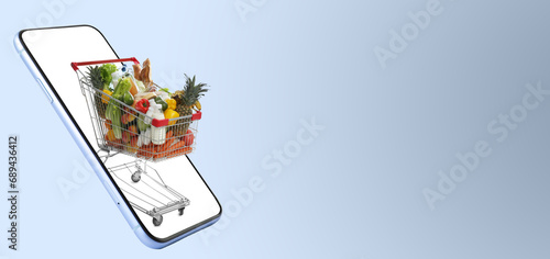Online purchases. Shopping cart with different products riding out from smartphone on grey background. Banner design with space for text