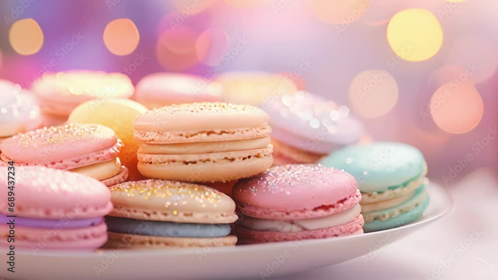 Closeup of a platter of assorted macarons, each one decorated with a delicate dusting of ling rainbow glitter. Closeup of a platter of assorted macarons, each one decorated with a delicate dusting of ling rainbow glitter.
