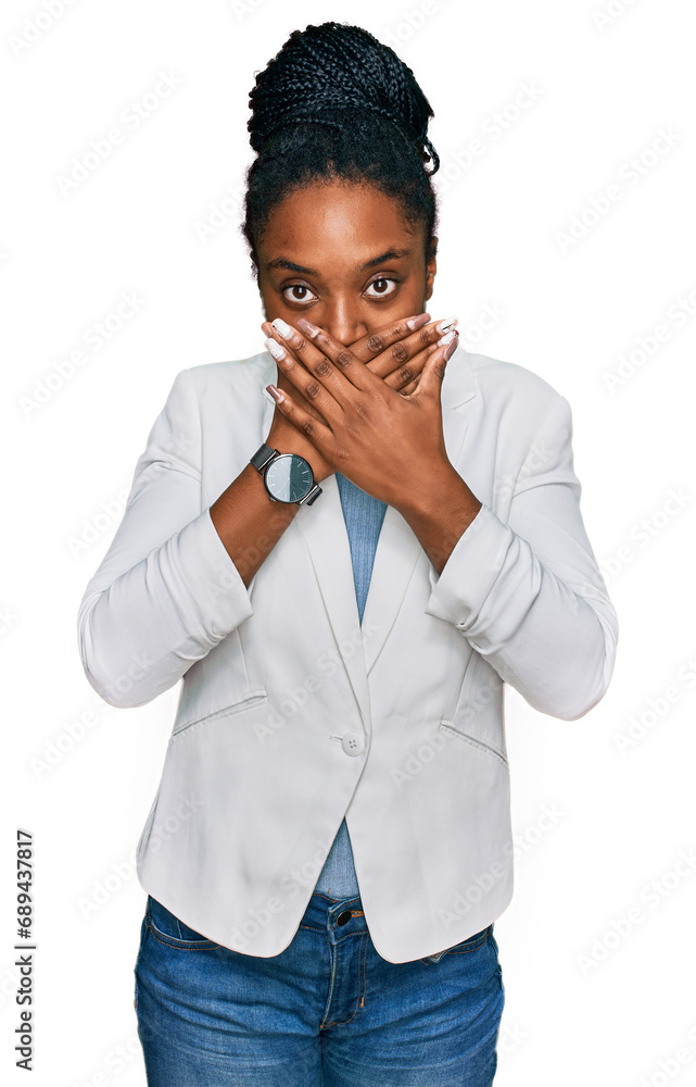 Young african american woman wearing business clothes shocked covering mouth with hands for mistake. secret concept. Young african american woman wearing business clothes shocked covering mouth with hands for mistake. secret concept.